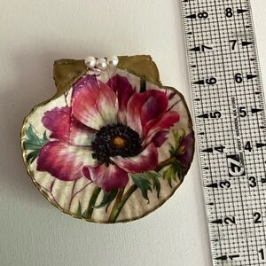 Scalloped clam shell decoupaged and hand painted with gold leaf Jewelry Dish